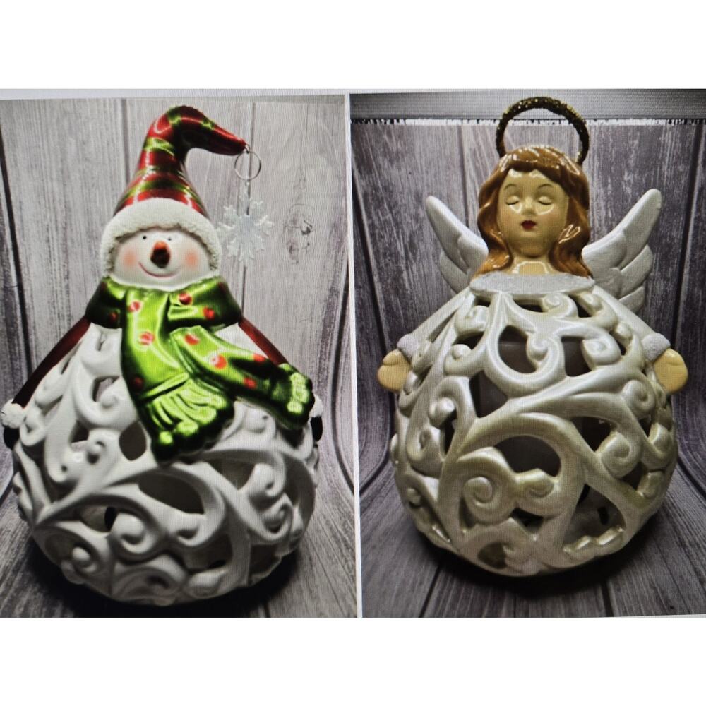 VTG Snowman and Angel Christmas Luminaries w Flameless Candle